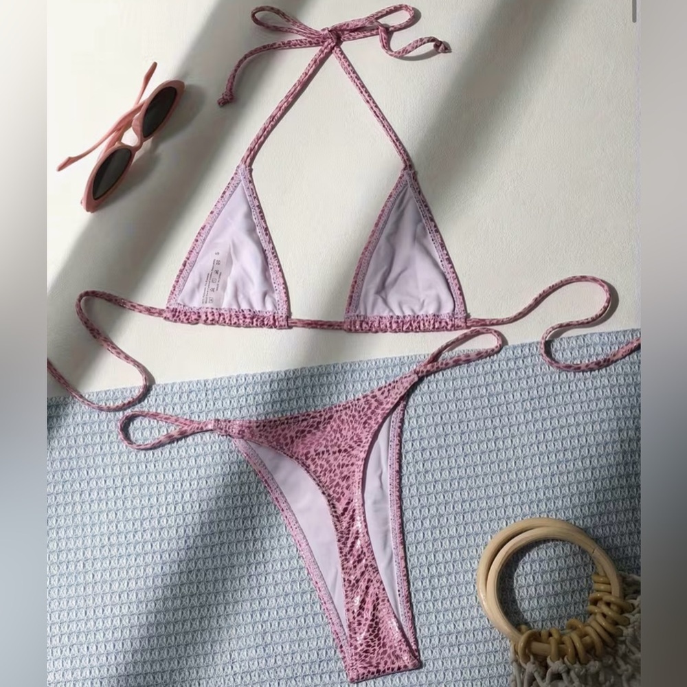 Pink Animal Print Halter Thong Bikini Set - Picture 7 of 10